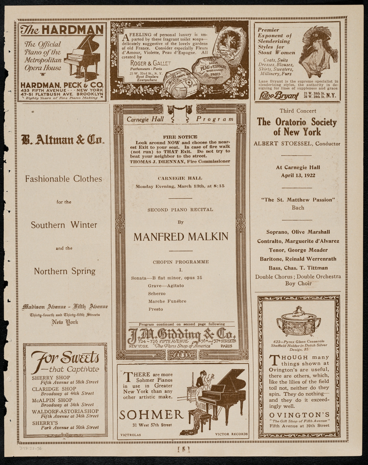 Manfred Malkin, Piano, March 13, 1922, program page 5