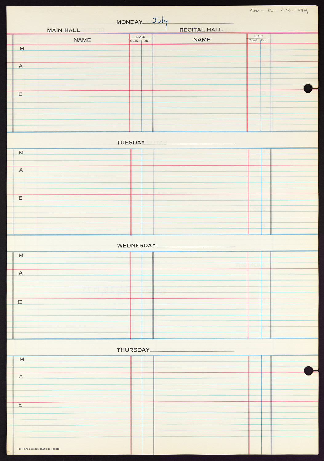 Carnegie Hall Booking Ledger, volume 20, page 94