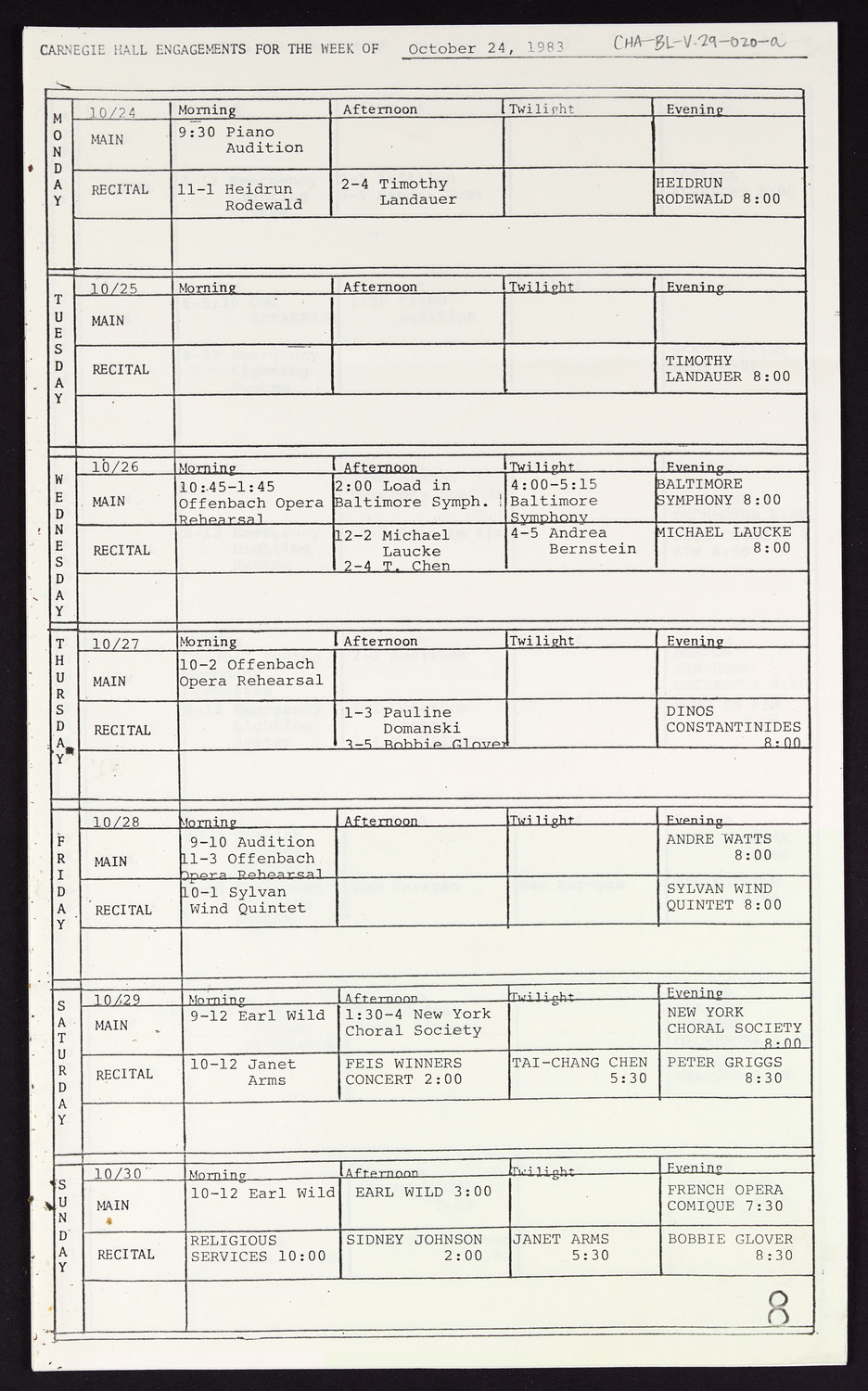 Carnegie Hall Booking Ledger, volume 29, page 20a