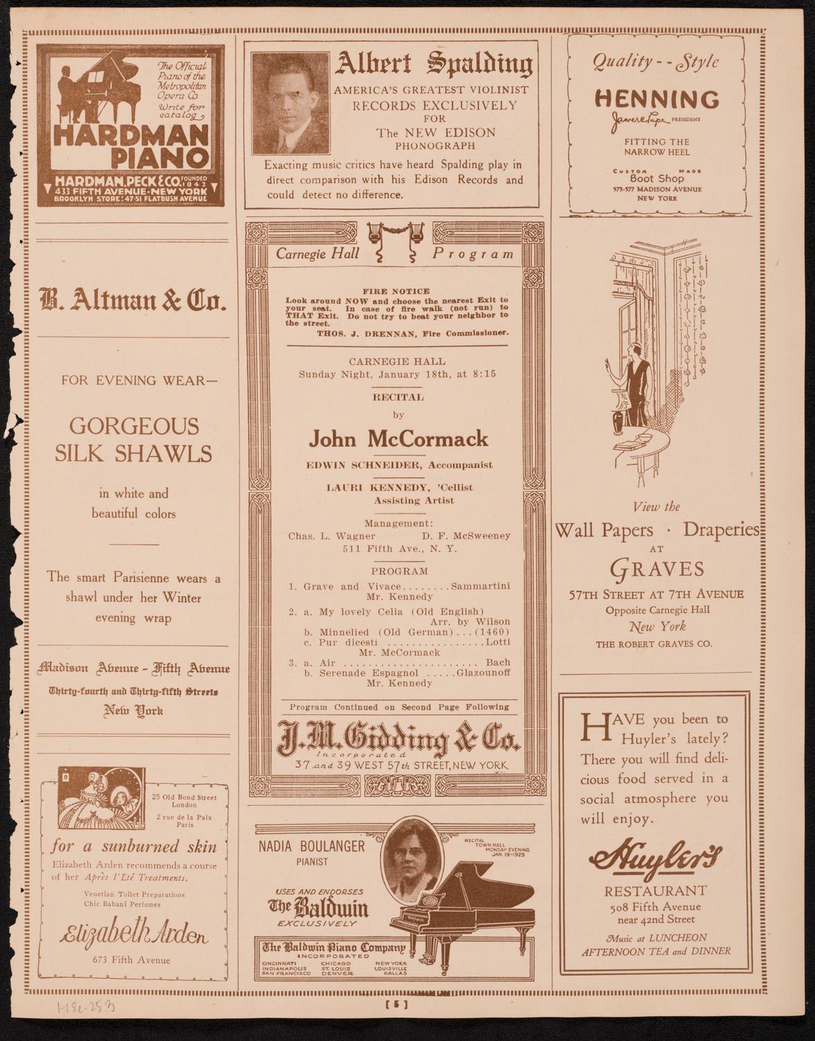 John McCormack, Tenor, January 18, 1925, program page 5