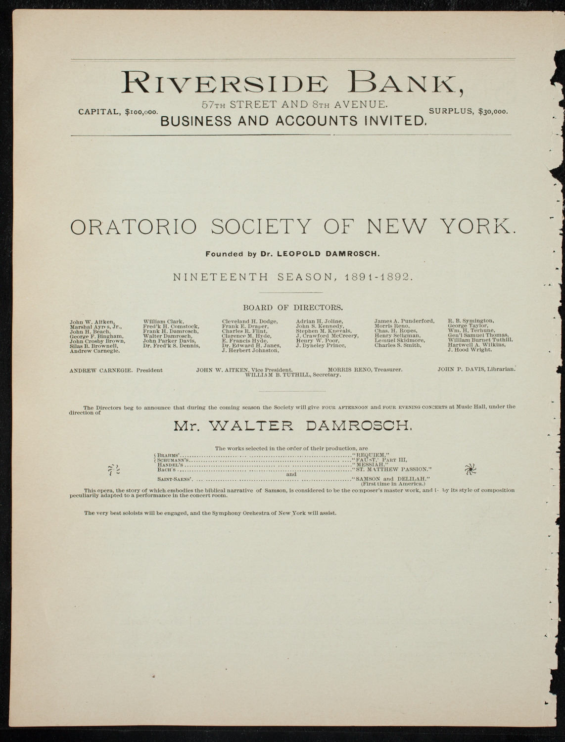 Damrosch Sunday Concert, November 22, 1891, program page 8
