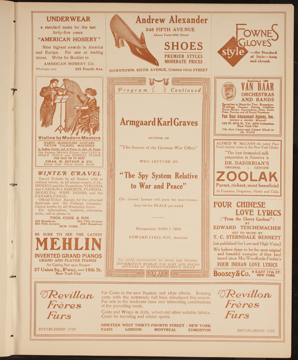 Armgaard Karl Graves: The Spy System Relative to War and Peace, November 4, 1914, program page 7