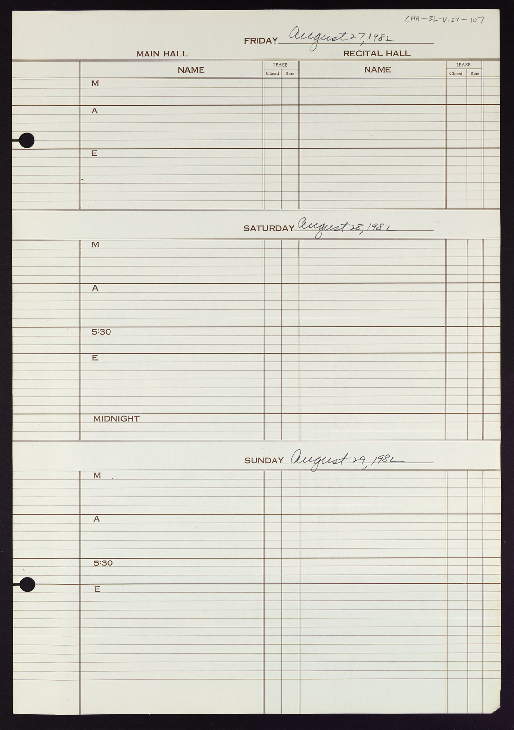 Carnegie Hall Booking Ledger, volume 27, page 107