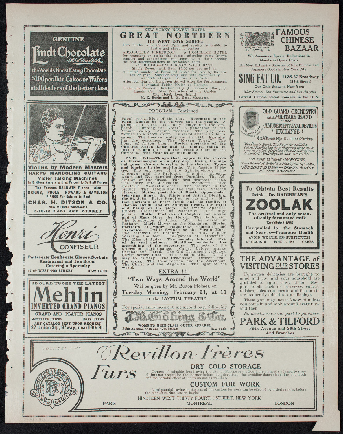 Burton Holmes Travelogue: Passion Play of 1910, February 19, 1911, program page 7