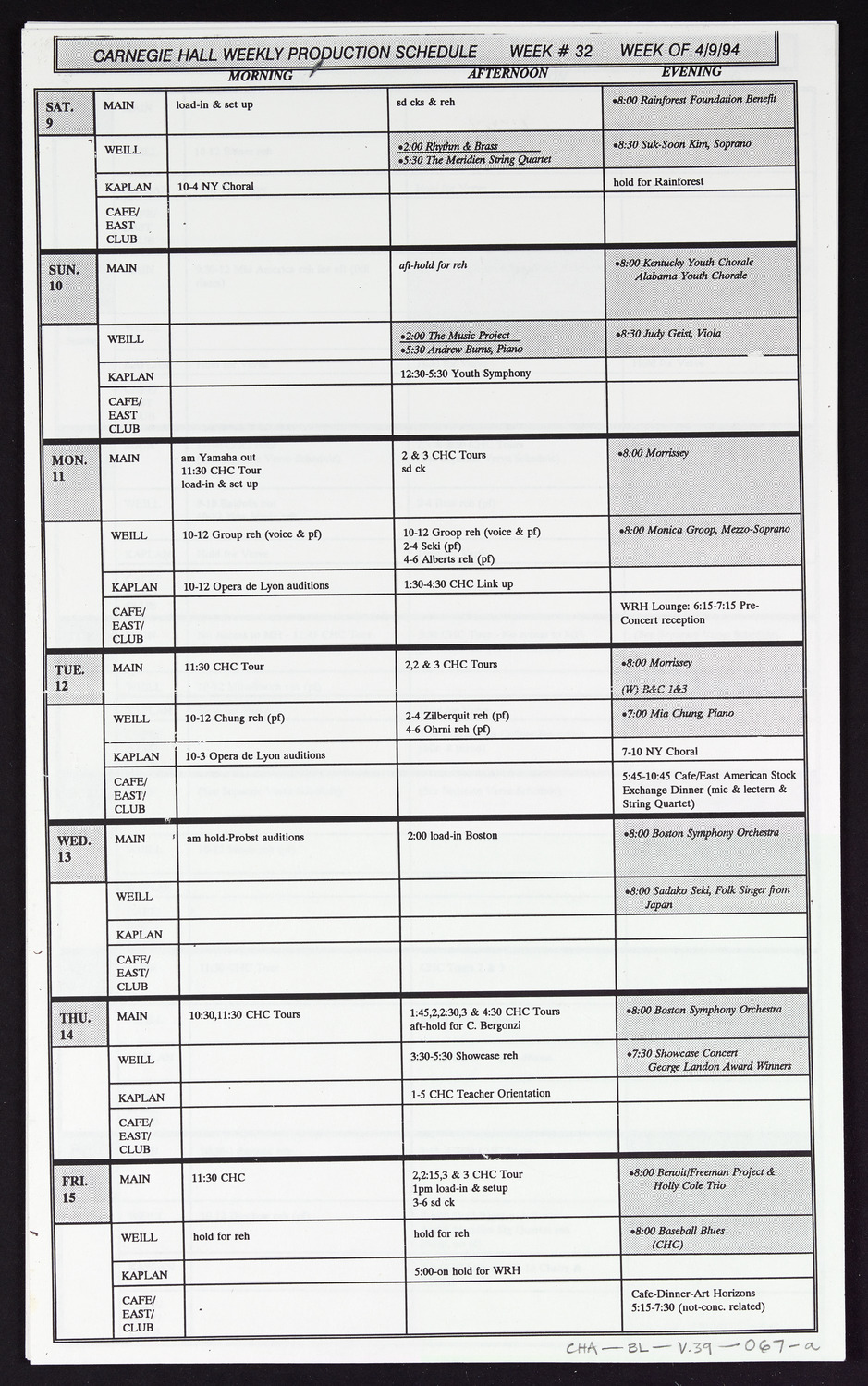 Carnegie Hall Booking Ledger, volume 39, page 67a