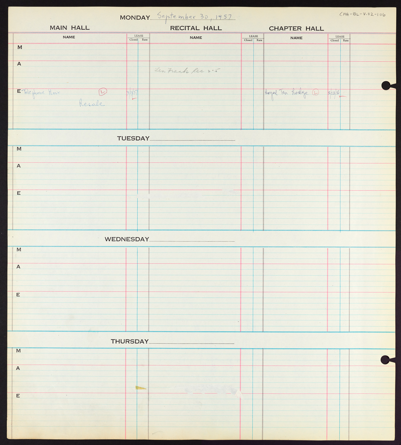 Carnegie Hall Booking Ledger, volume 2, page 106