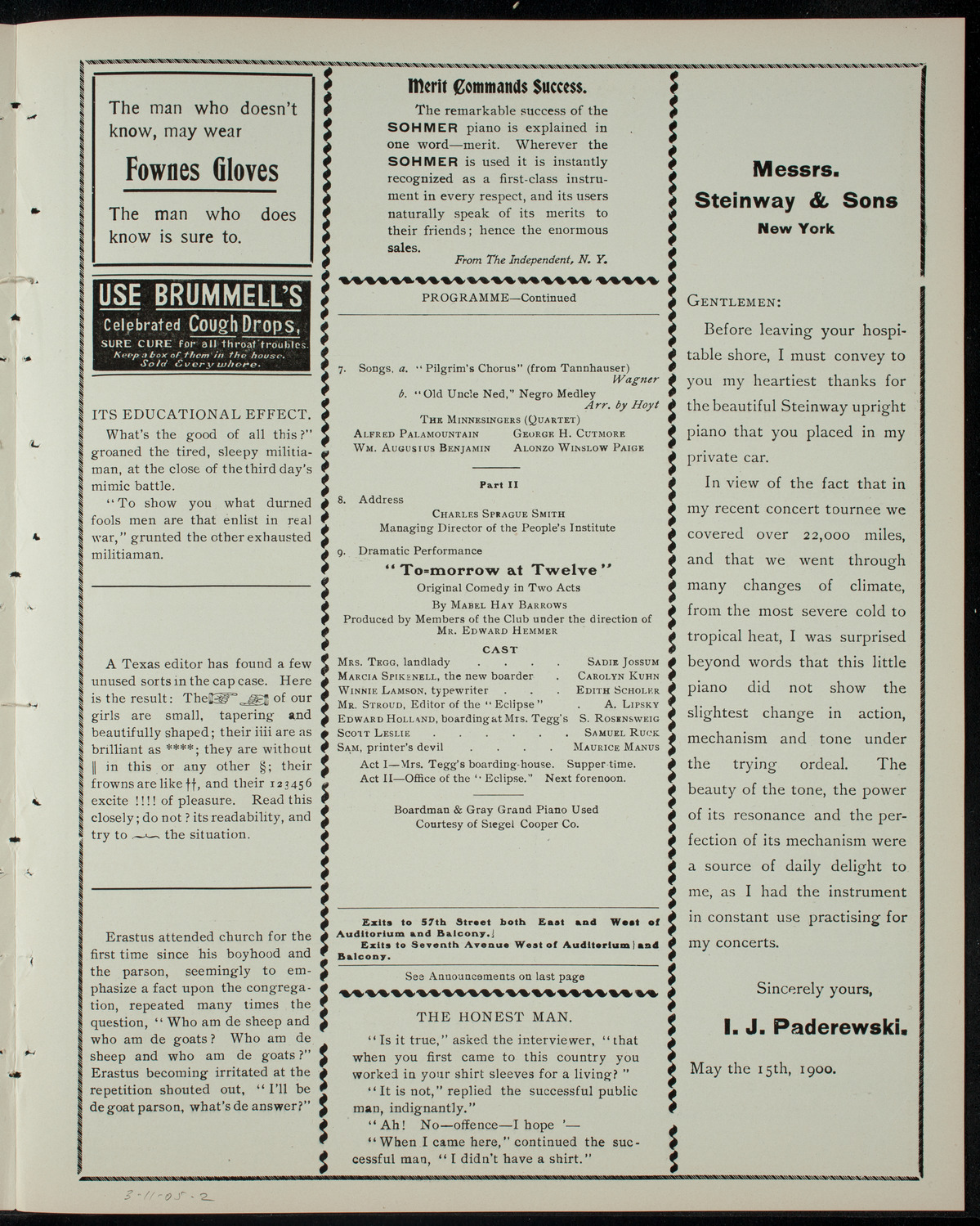 The People's Institute Club "A", March 11, 1905, program page 3