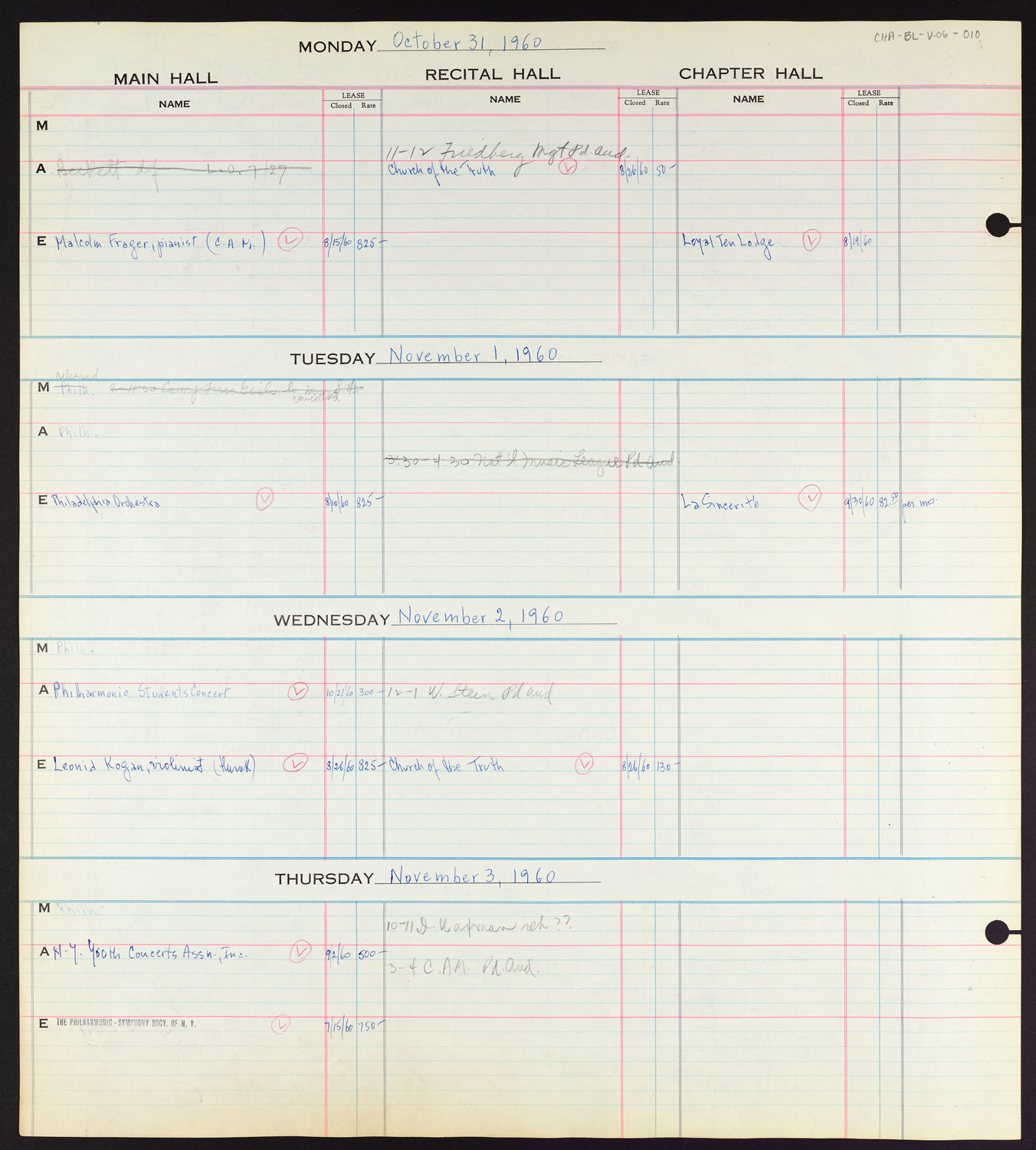 Carnegie Hall Booking Ledger, volume 6, page 10