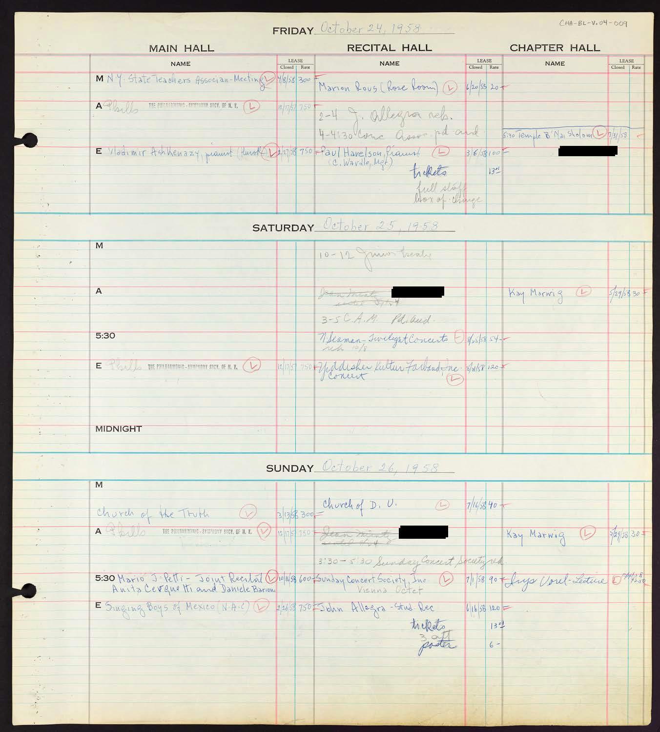 Carnegie Hall Booking Ledger, volume 4, page 9