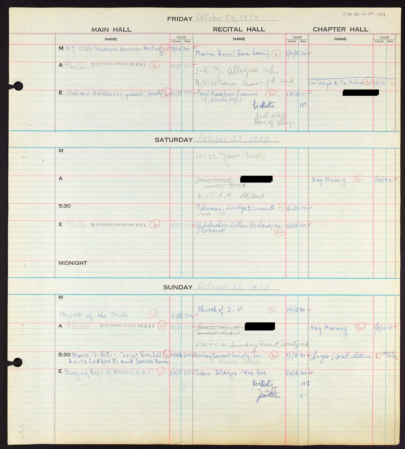 Carnegie Hall Booking Ledger, volume 4, page 9