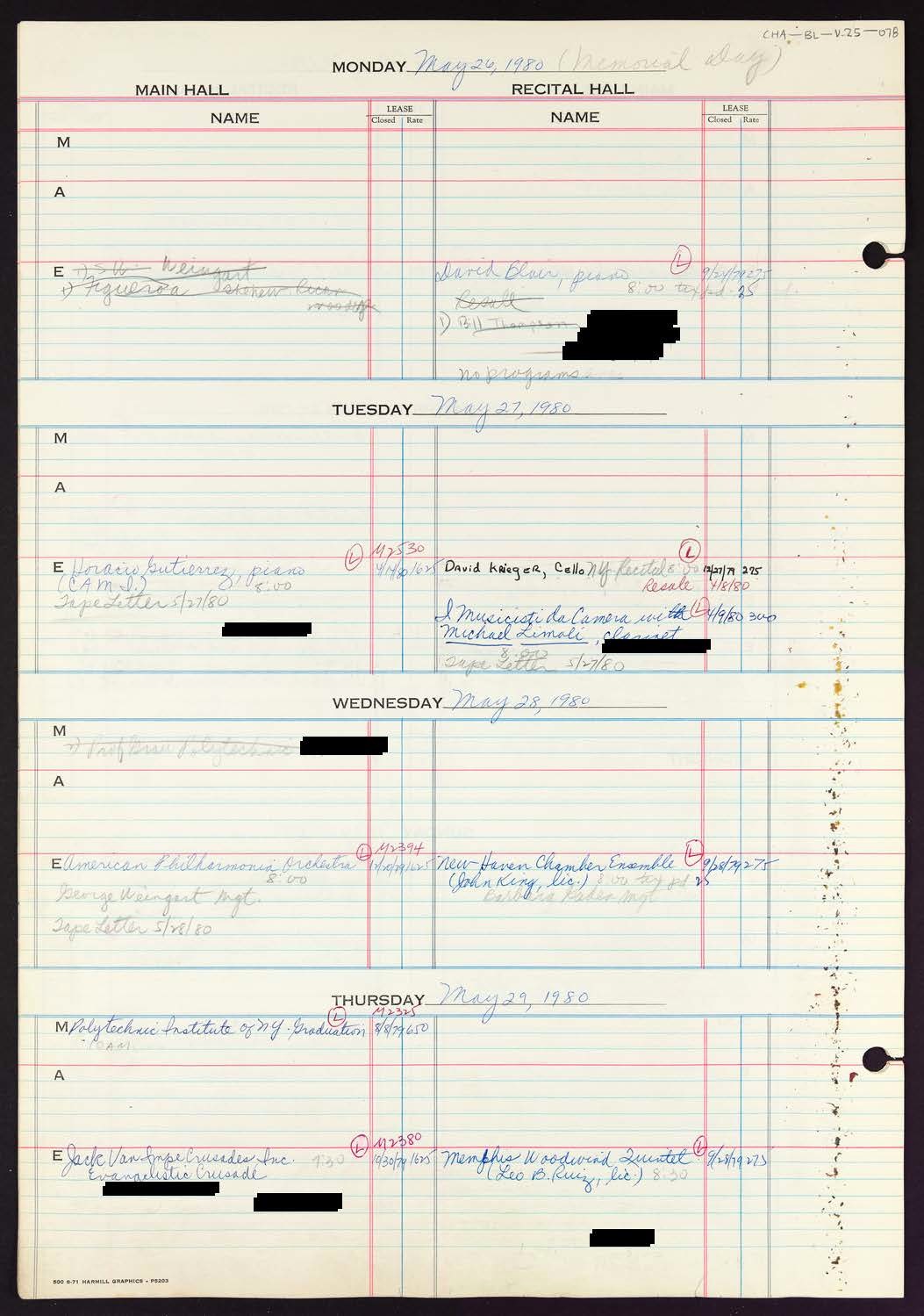 Carnegie Hall Booking Ledger, volume 25, page 78