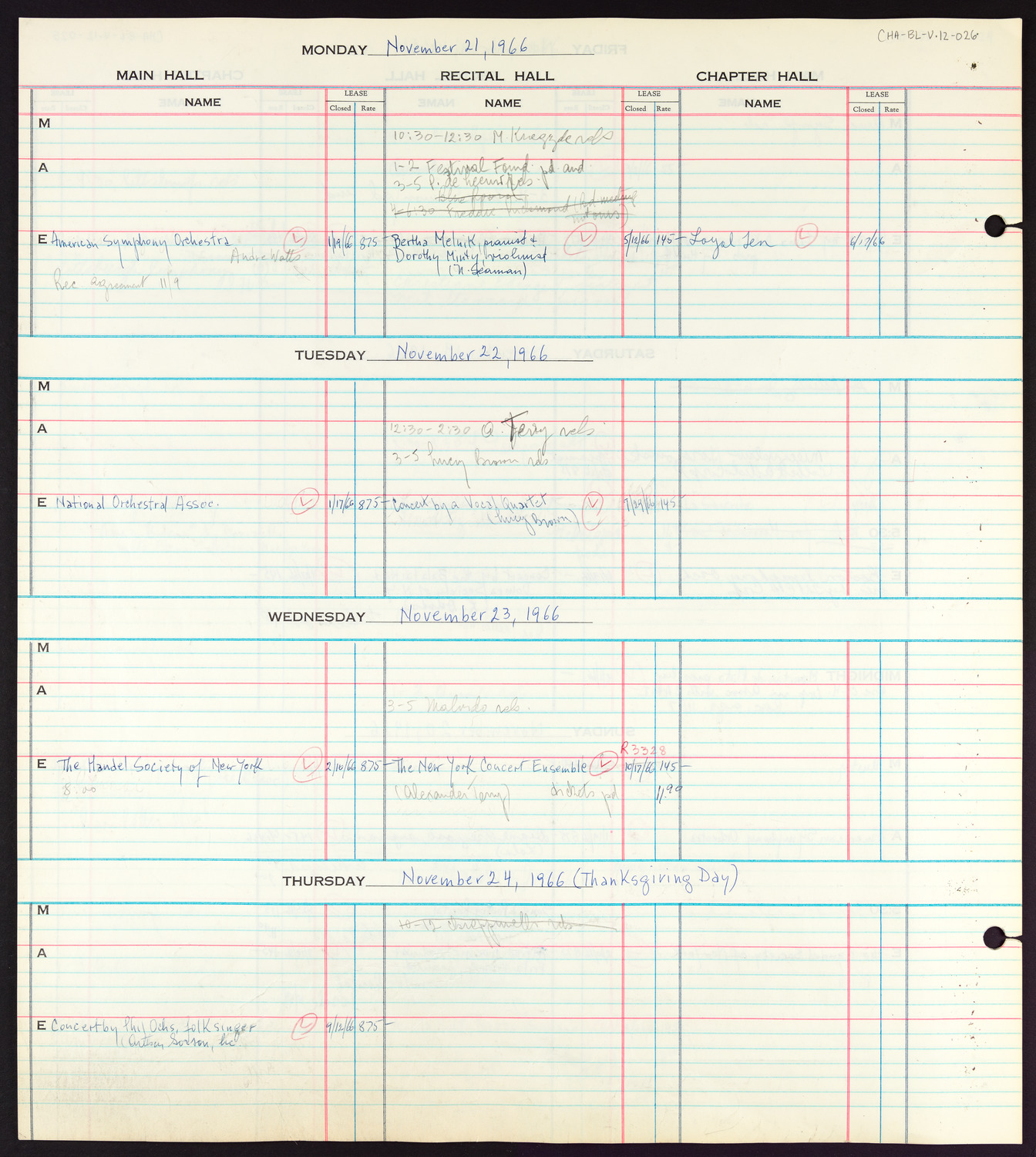 Carnegie Hall Booking Ledger, volume 12, page 26