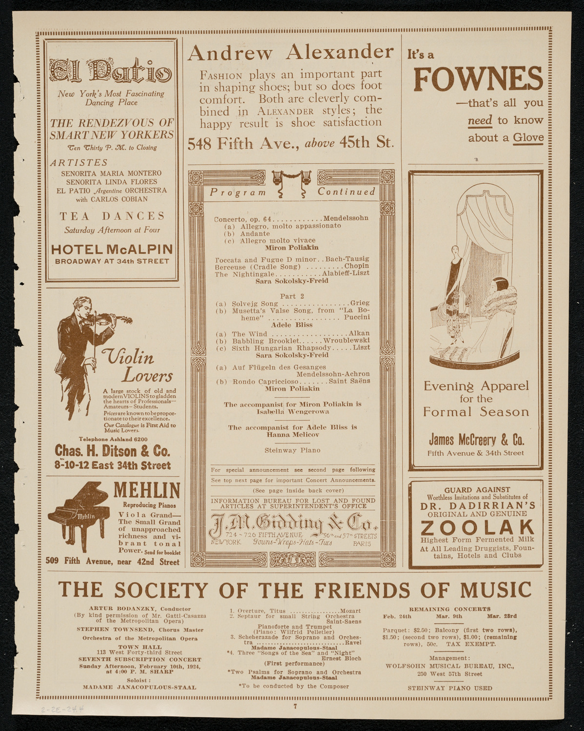 Miron Poliakin, Sara Sokolsky-Freid, and Adele Bliss, February 2, 1924, program page 7