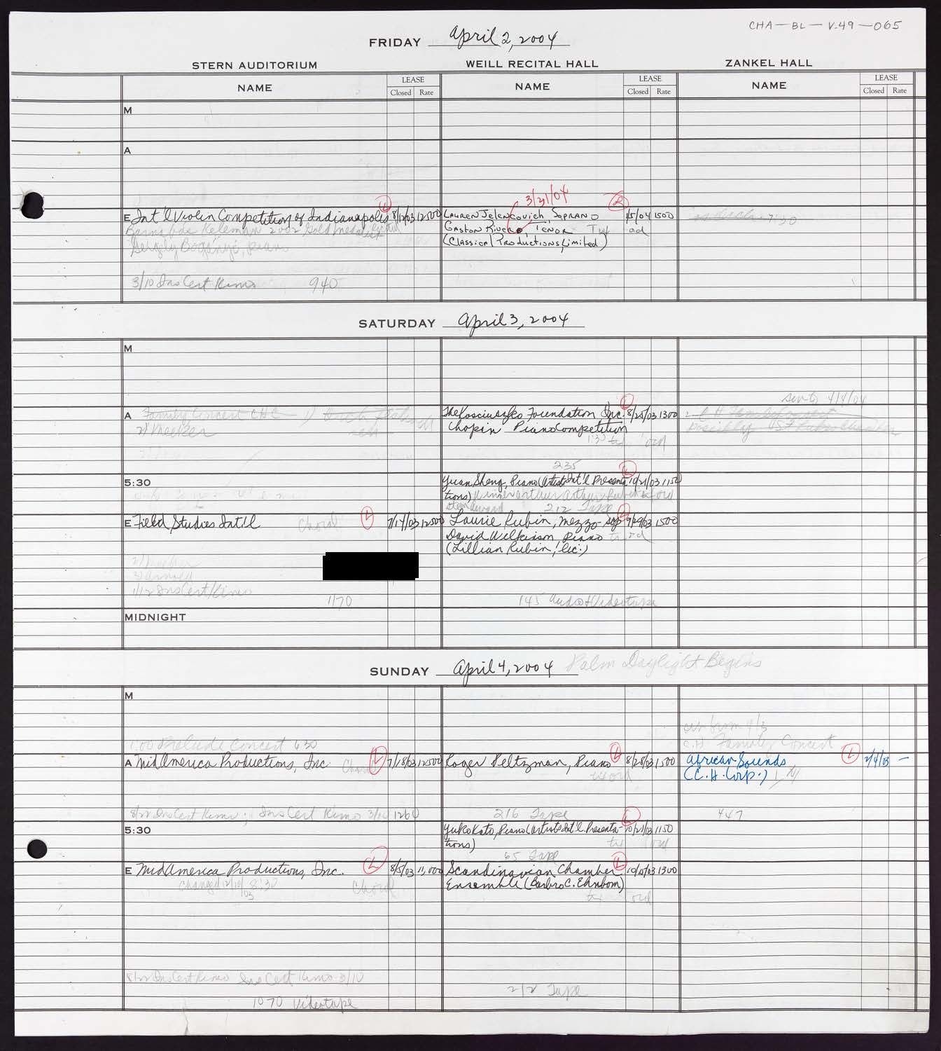 Carnegie Hall Booking Ledger, volume 49, page 65