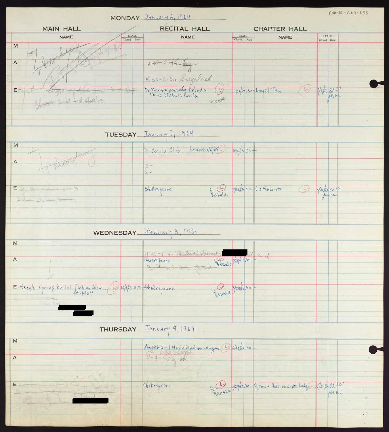 Carnegie Hall Booking Ledger, volume 9, page 38