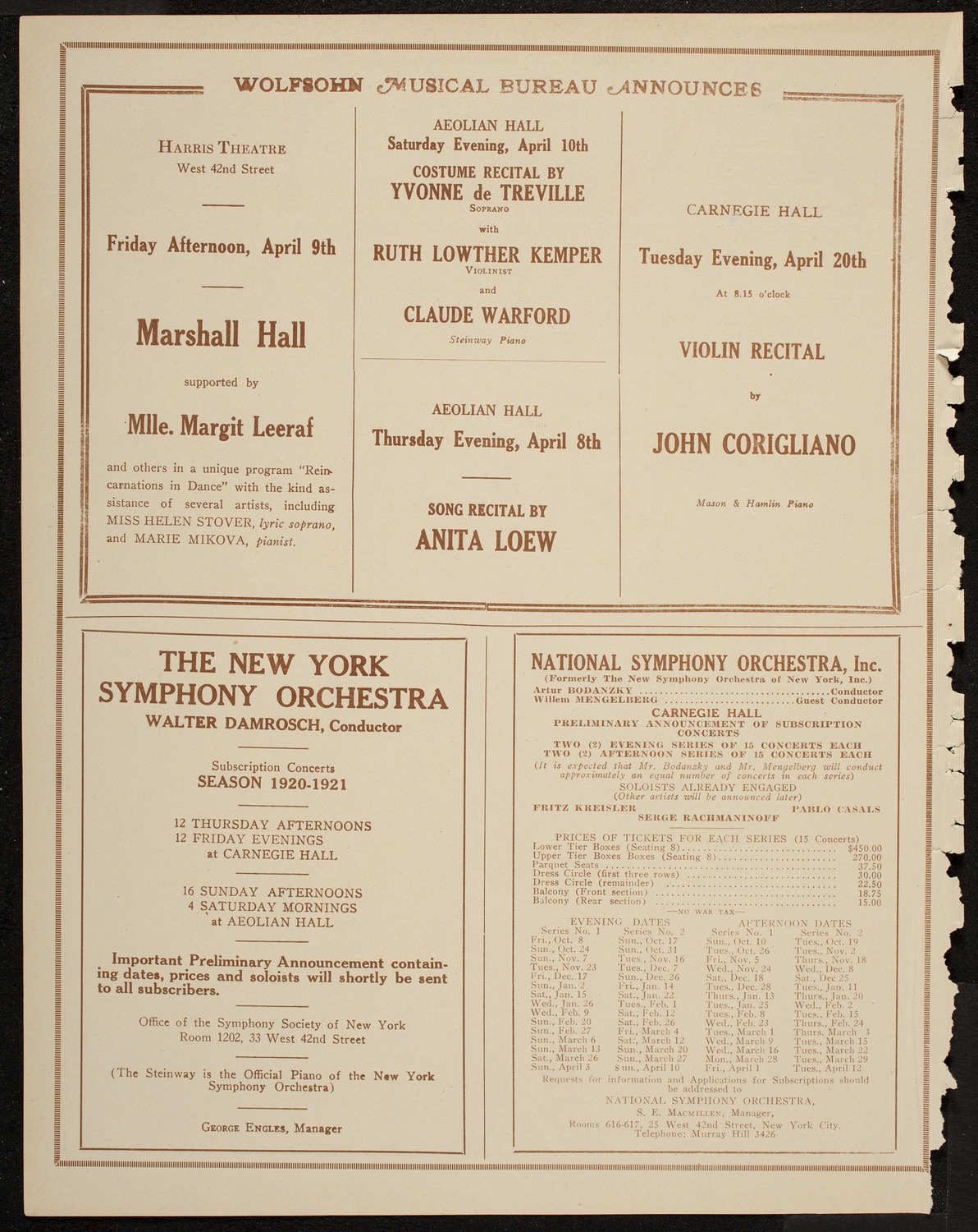 Josef Schlisky and Max Gegna, April 6, 1920, program page 8