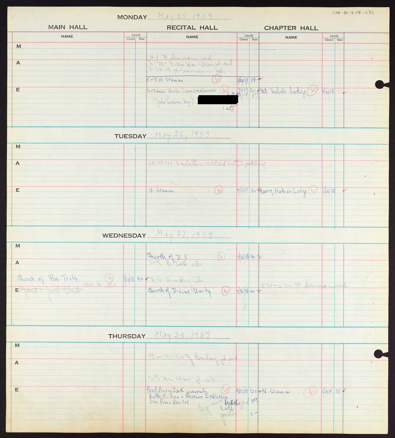 Carnegie Hall Booking Ledger, volume 4, page 70