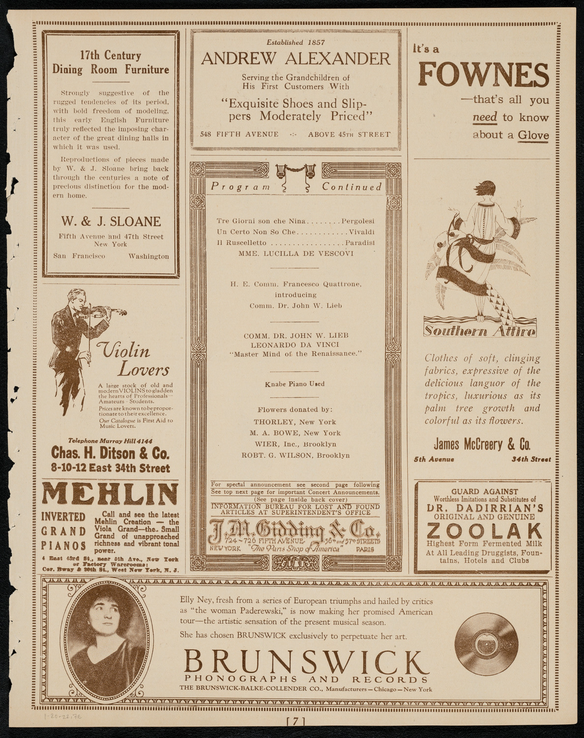 Leonardo da Vinci Evening with Comm. Dr. John W. Lieb, January 20, 1922, program page 7