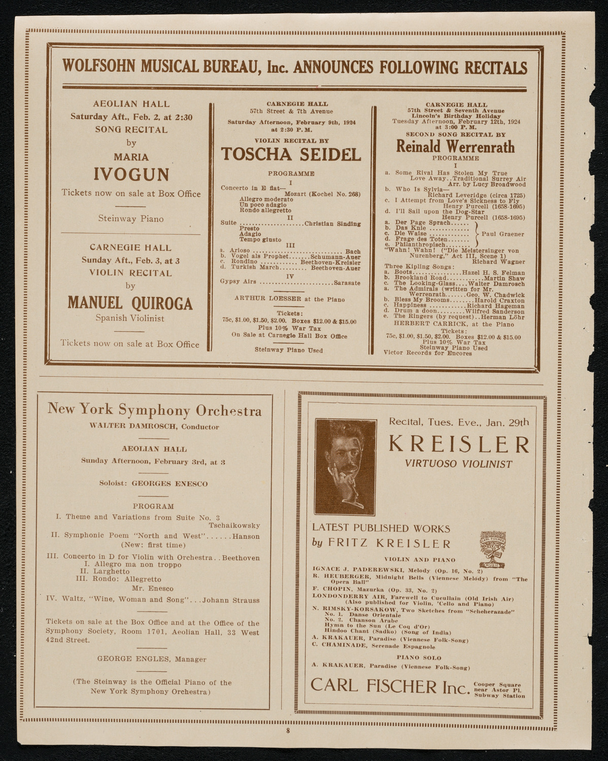 New York Symphony Orchestra: Beethoven Cycle, January 31, 1924, program page 8