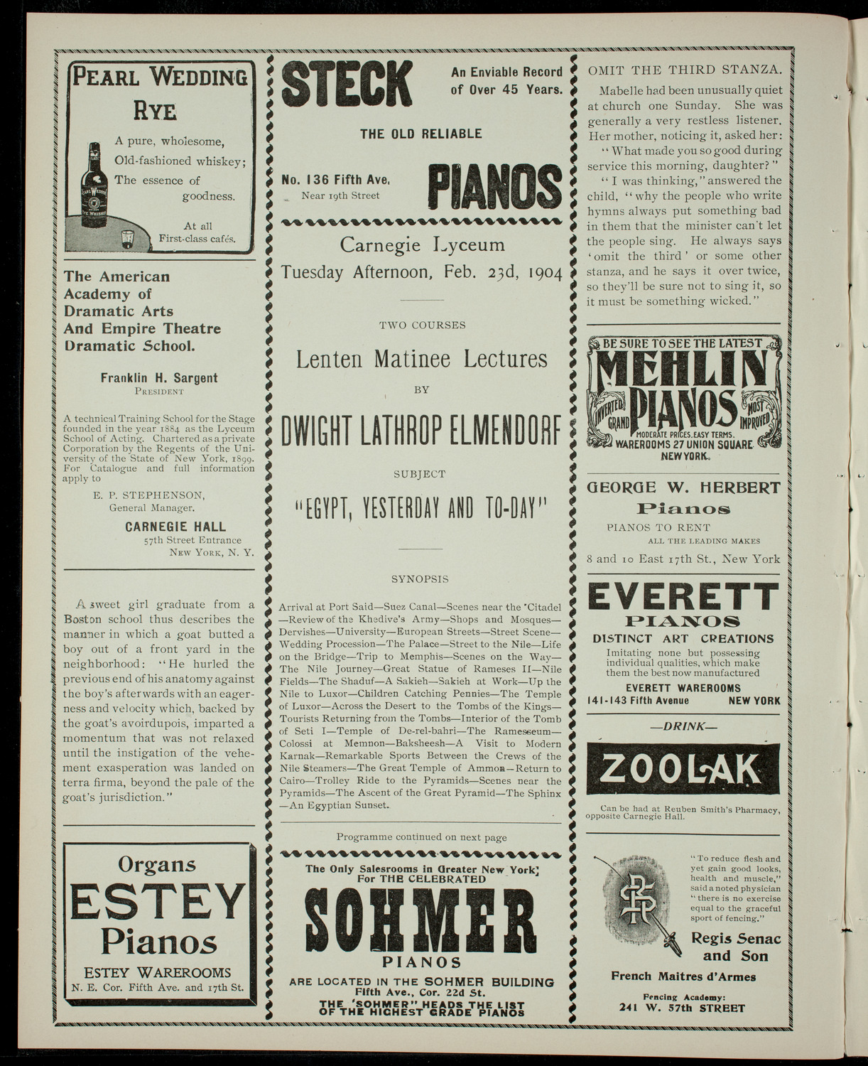 Elmendorf Lecture: Egypt, Yesterday and To-Day, February 23, 1904, program page 2