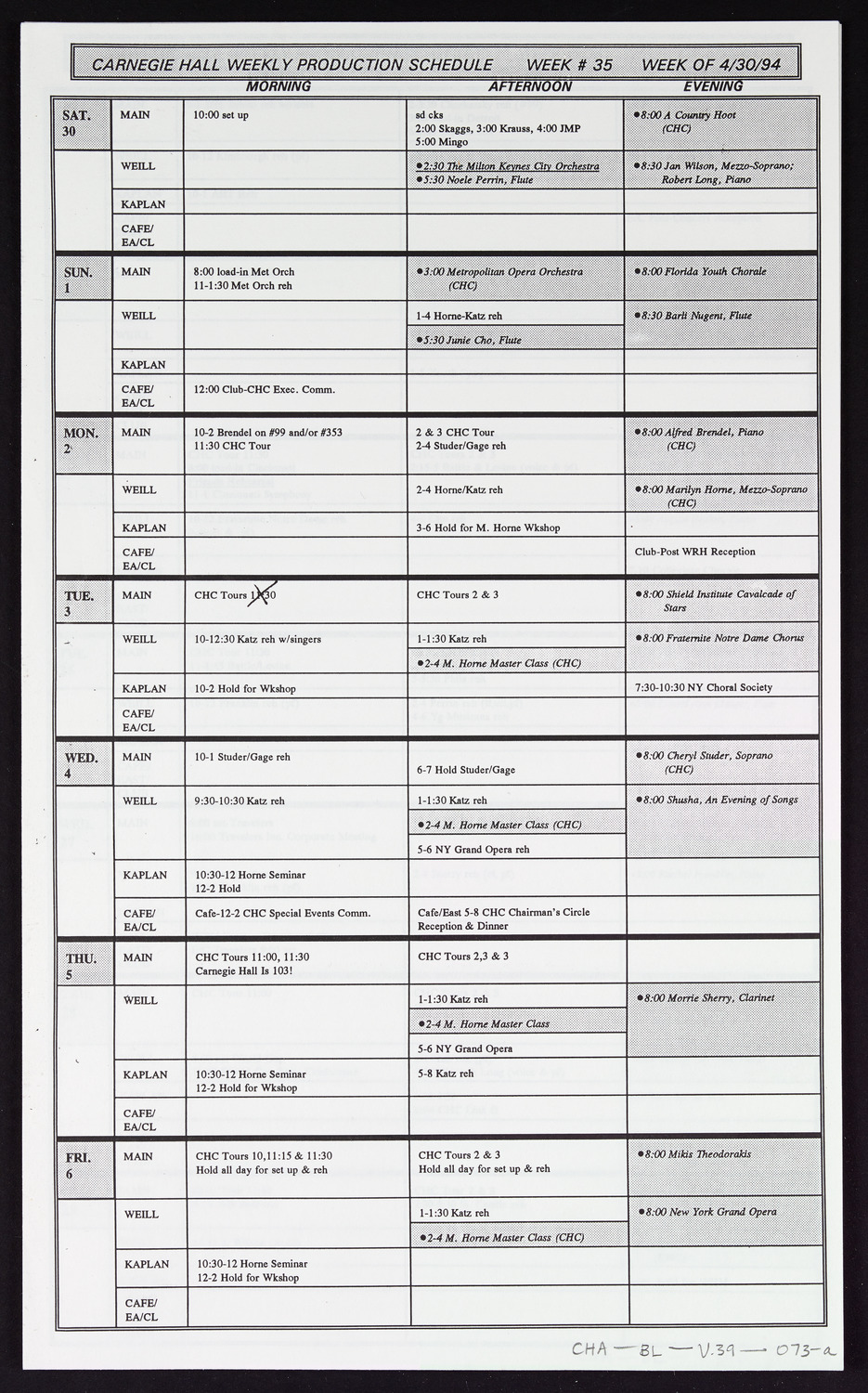 Carnegie Hall Booking Ledger, volume 39, page 73a