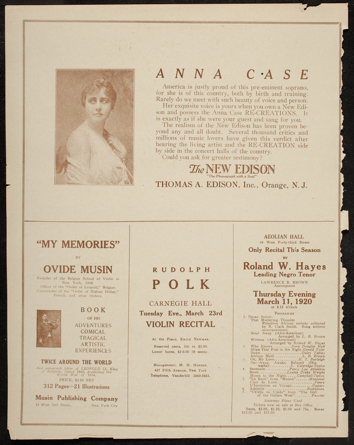 Anna Case, Soprano, March 10, 1920, program page 2