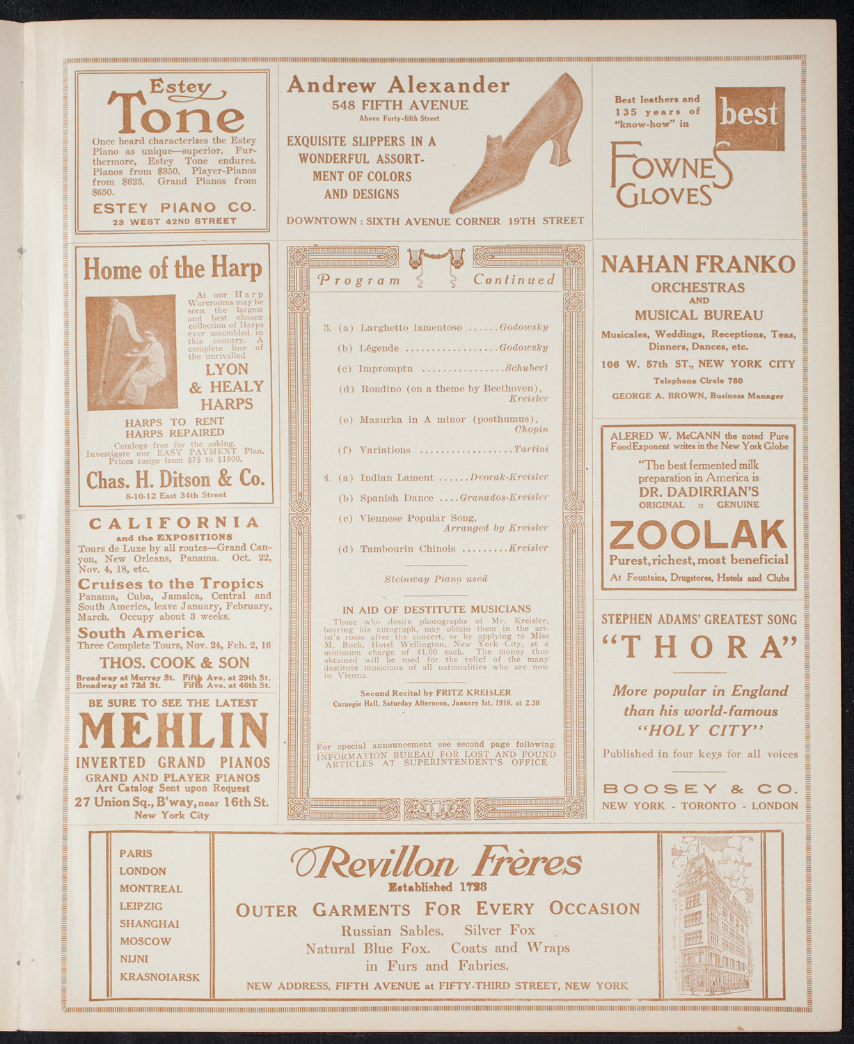 Fritz Kreisler, Violin, December 12, 1915, program page 7