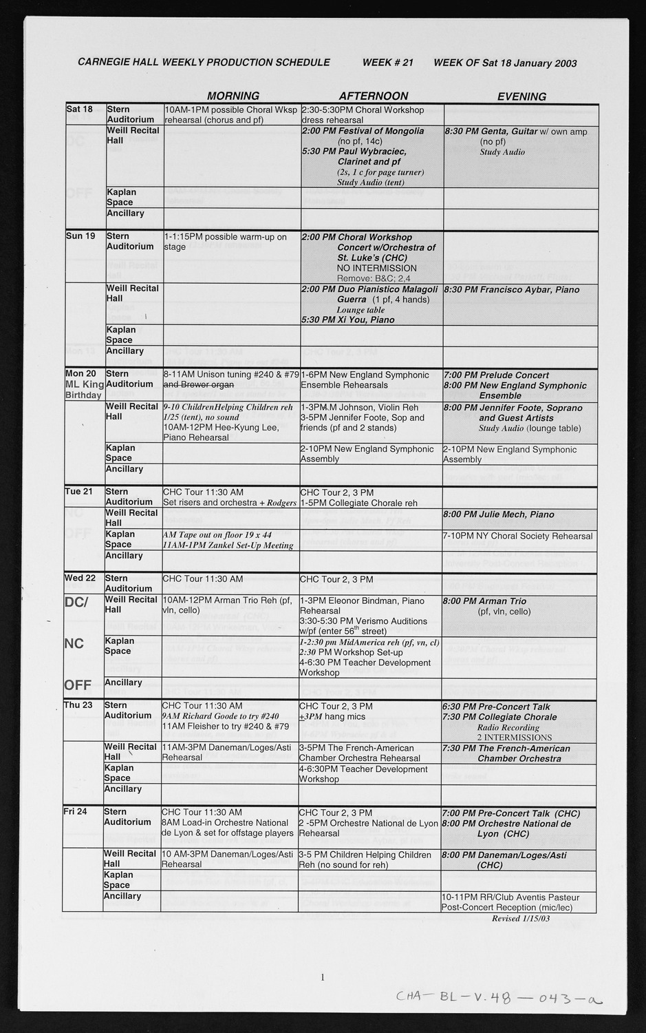 Carnegie Hall Booking Ledger, volume 48, page 43a