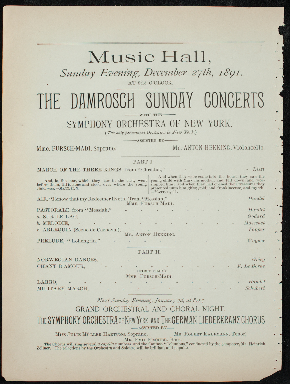 Damrosch Sunday Concert, December 27, 1891, program page 6