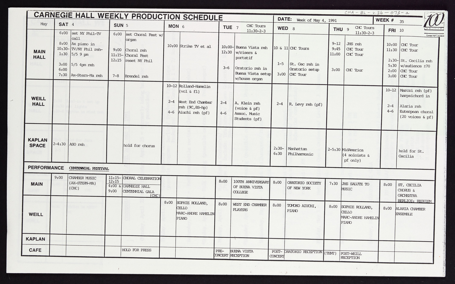 Carnegie Hall Booking Ledger, volume 36, page 73a