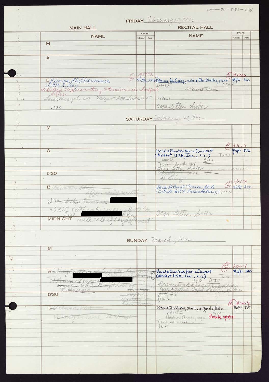 Carnegie Hall Booking Ledger, volume 37, page 55