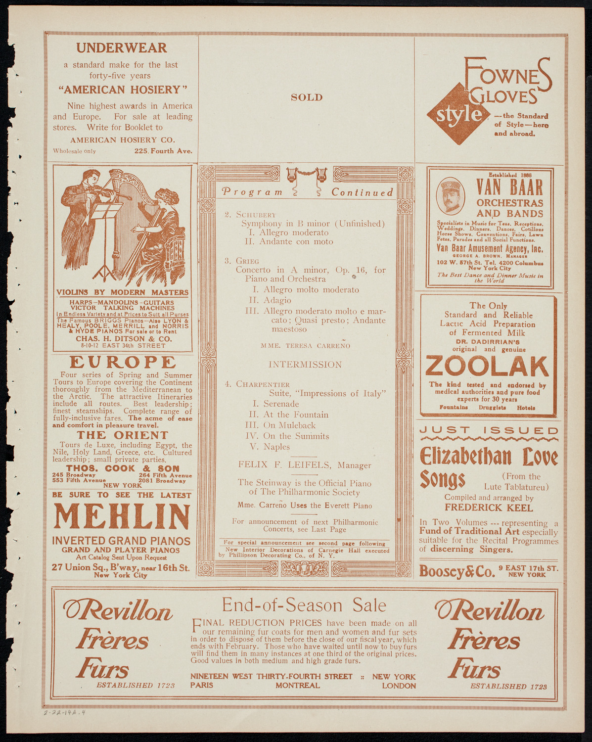New York Philharmonic, February 22, 1914, program page 7