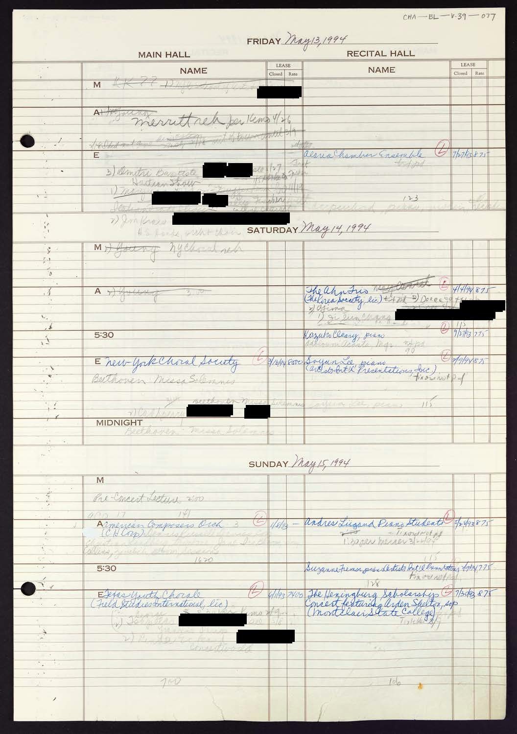 Carnegie Hall Booking Ledger, volume 39, page 77