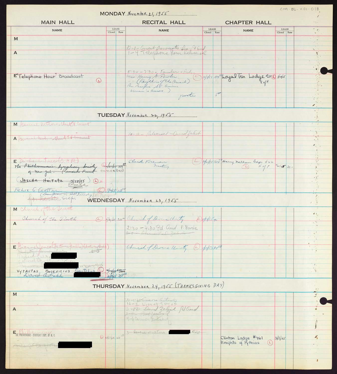 Carnegie Hall Booking Ledger, volume 1, page 18