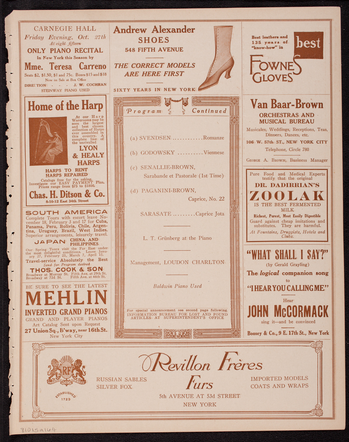 Eddy Brown, Violin, October 15, 1916, program page 7