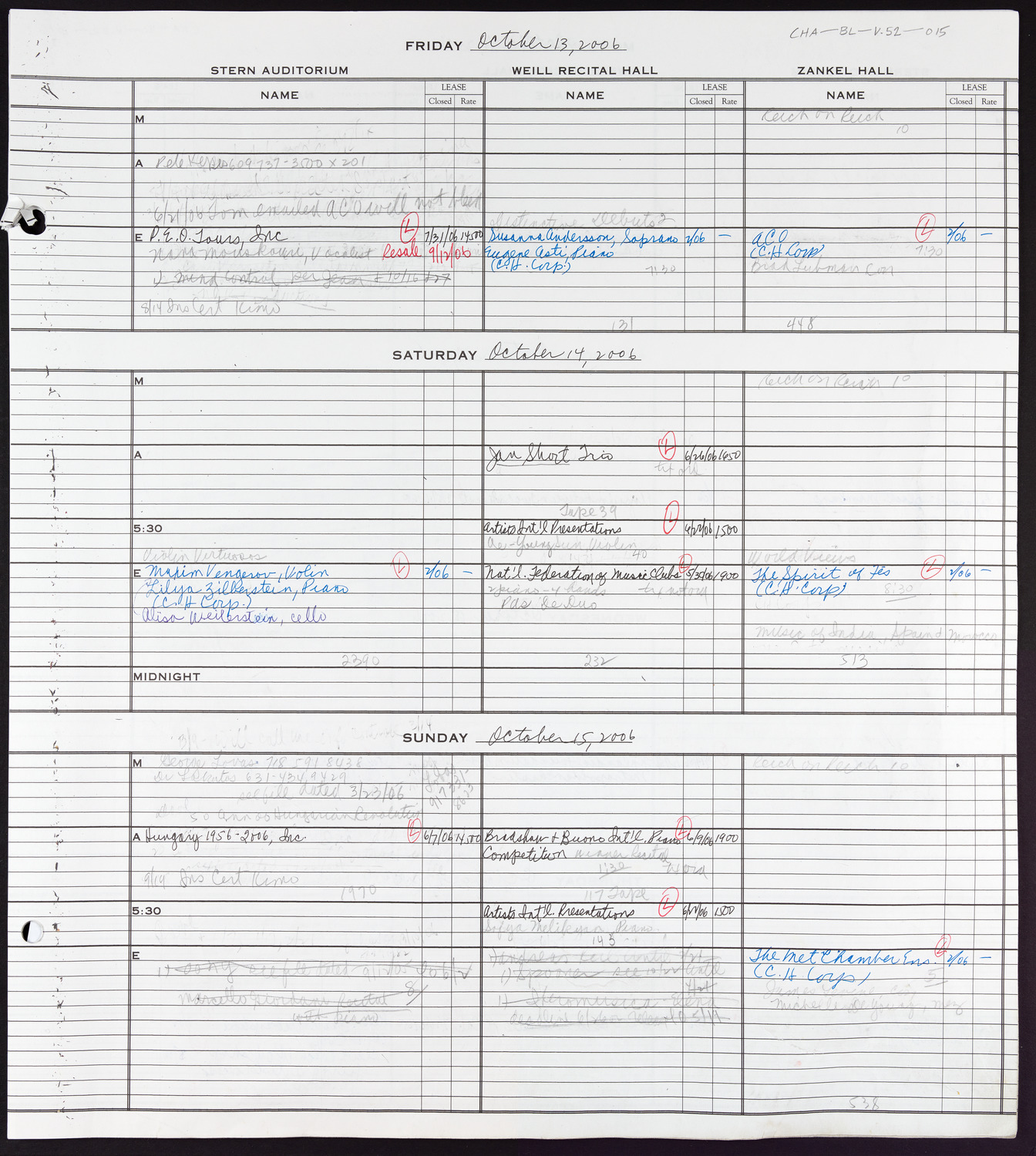 Carnegie Hall Booking Ledger, volume 52, page 15