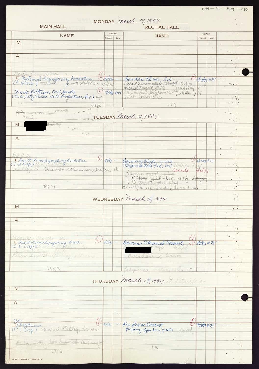 Carnegie Hall Booking Ledger, volume 39, page 60