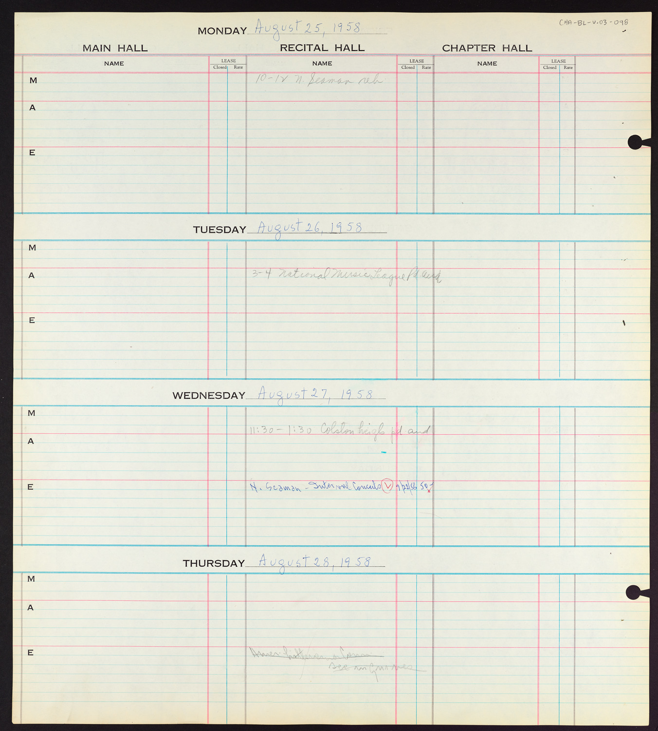 Carnegie Hall Booking Ledger, volume 3, page 98