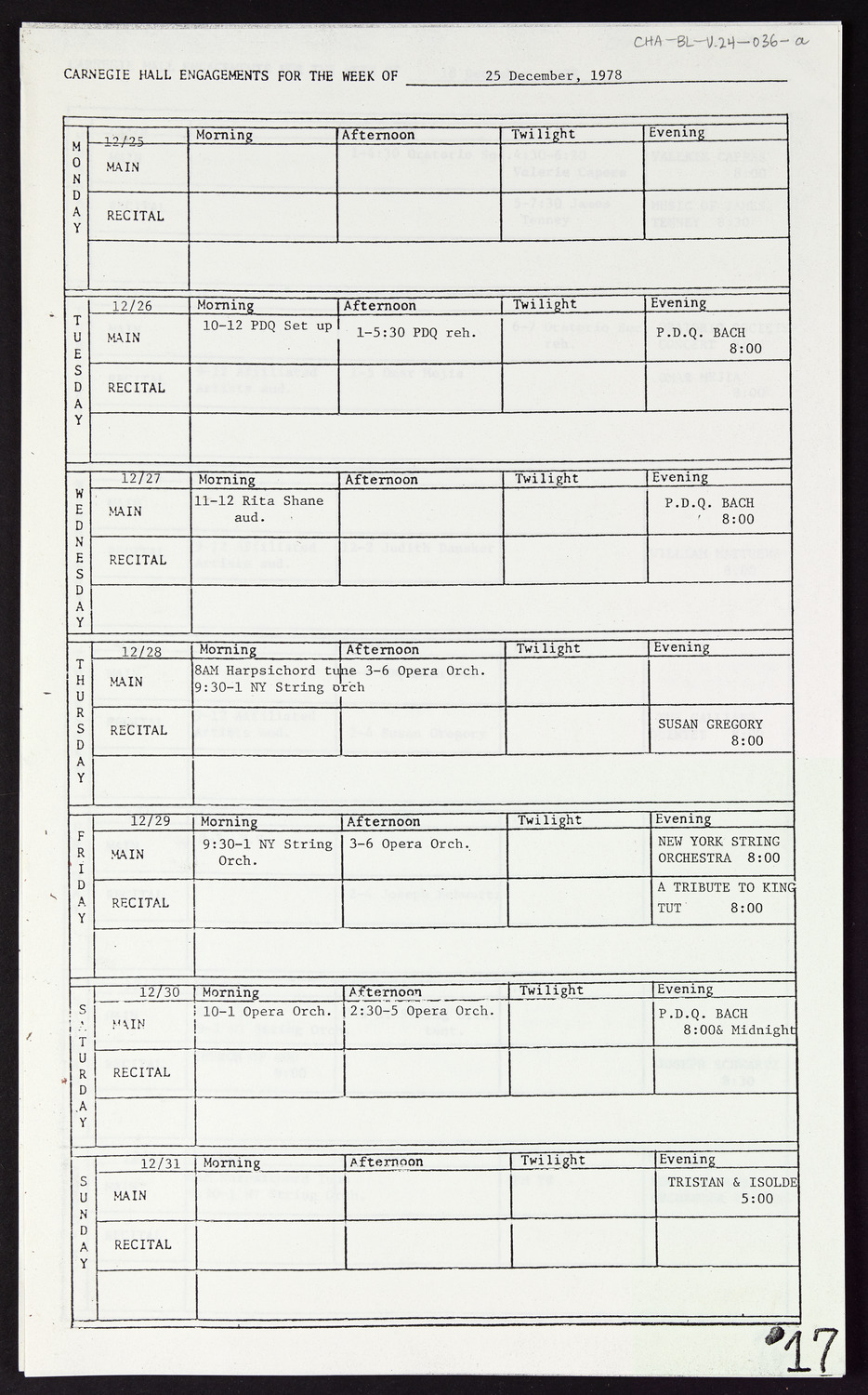 Carnegie Hall Booking Ledger, volume 24, page 36a