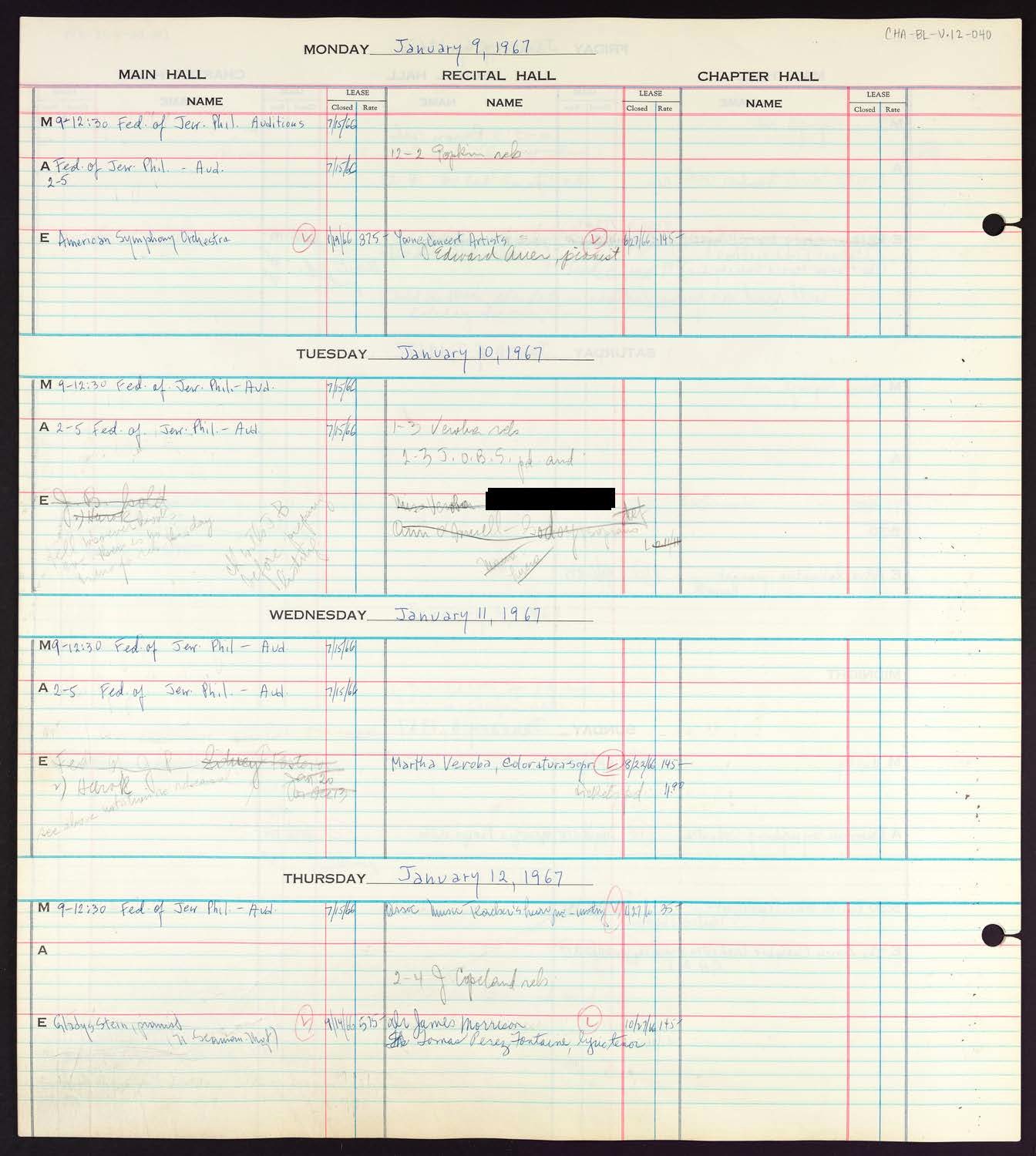 Carnegie Hall Booking Ledger, volume 12, page 40