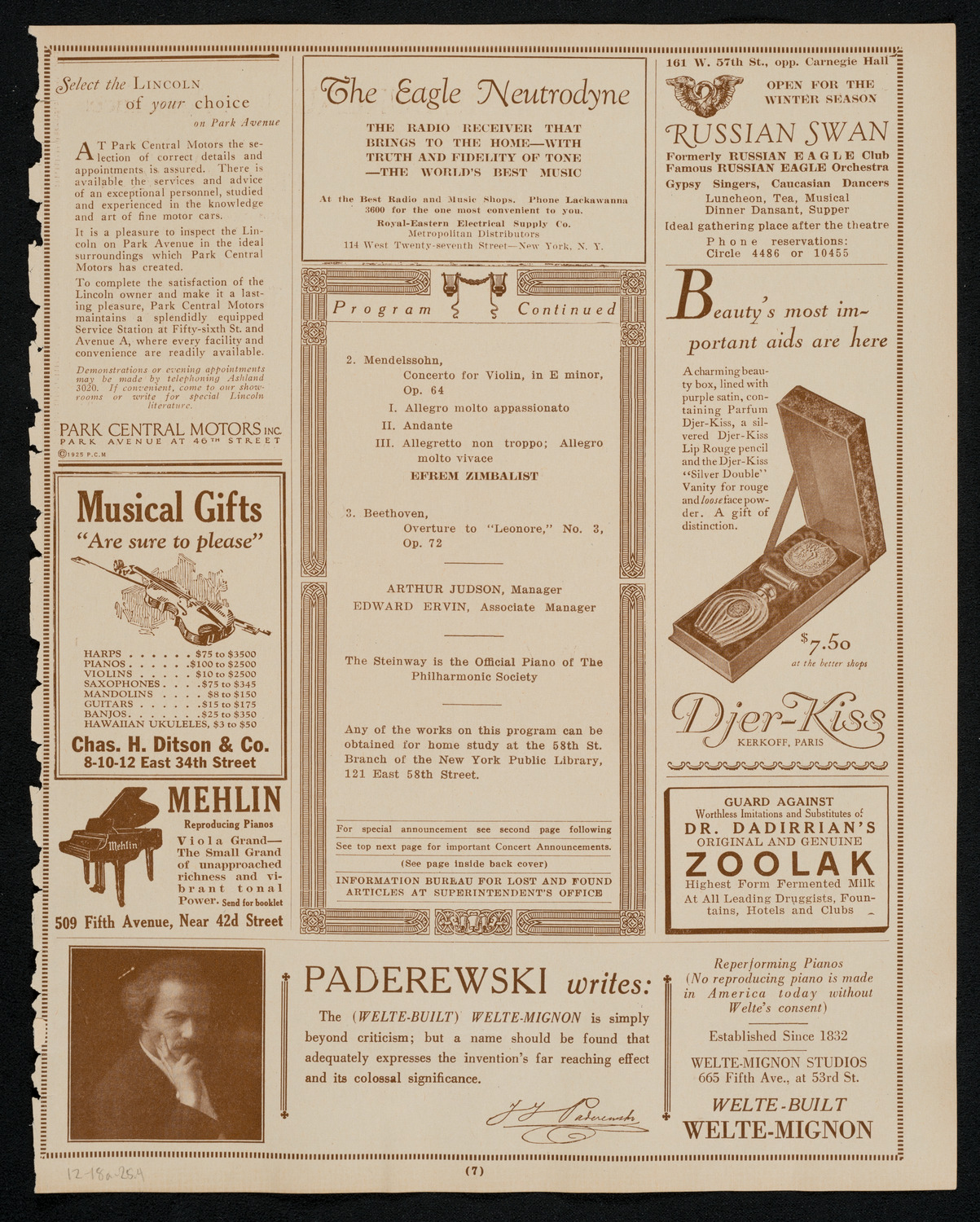 New York Philharmonic, December 18, 1925, program page 7