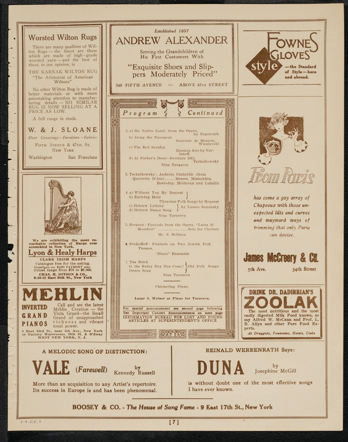 Joint Concert by Nina Tarasova and The Chamber Music Ensemble "Zimro", April 9, 1921, program page 7