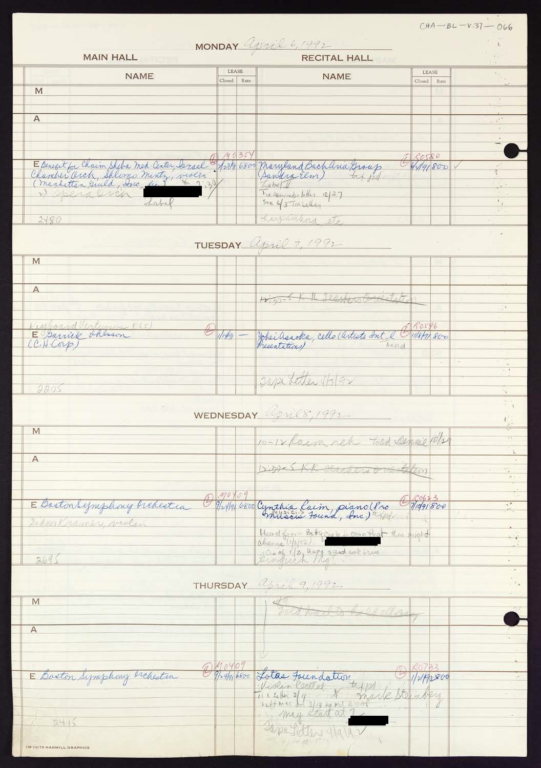 Carnegie Hall Booking Ledger, volume 37, page 66