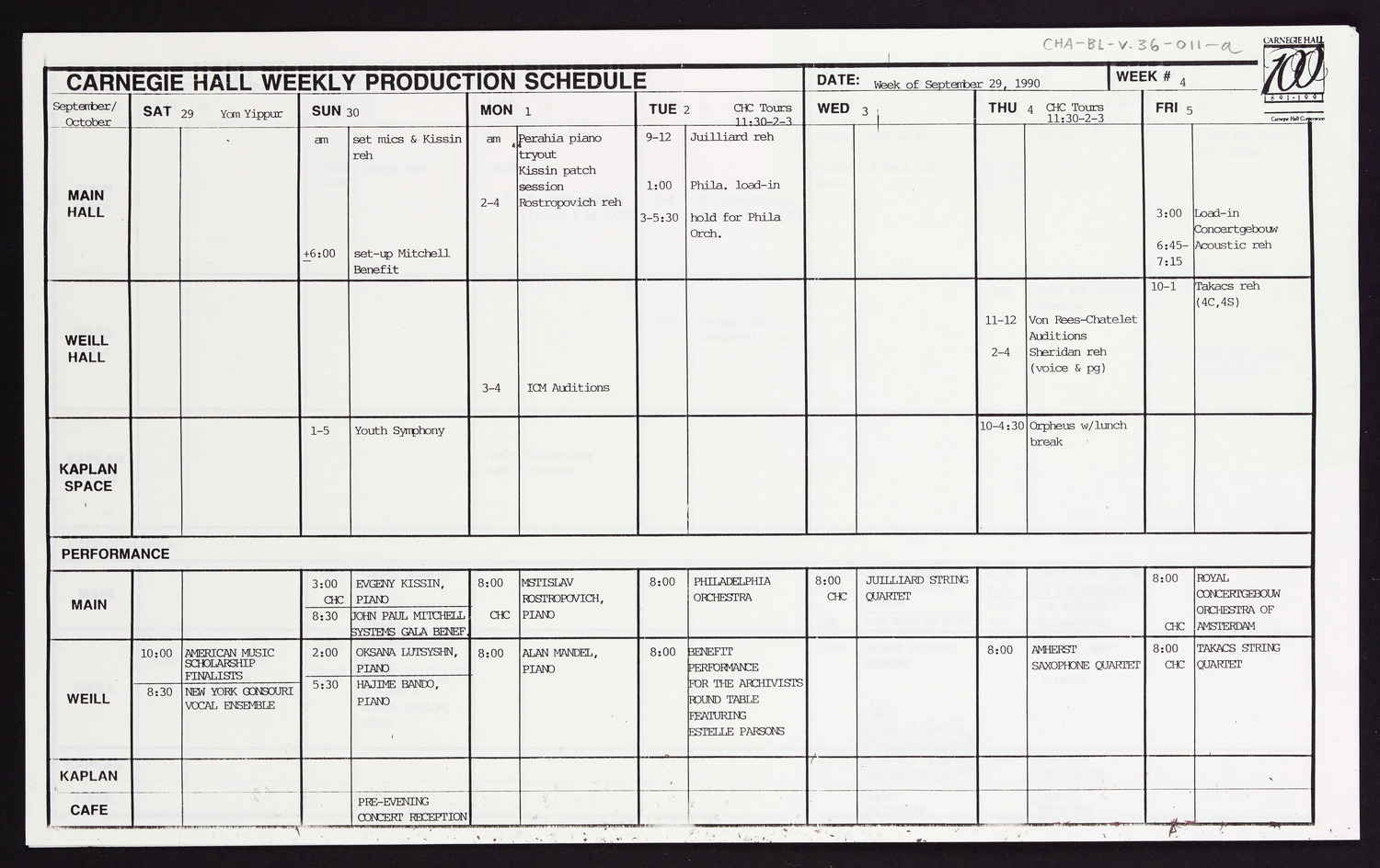 Carnegie Hall Booking Ledger, volume 36, page 11a