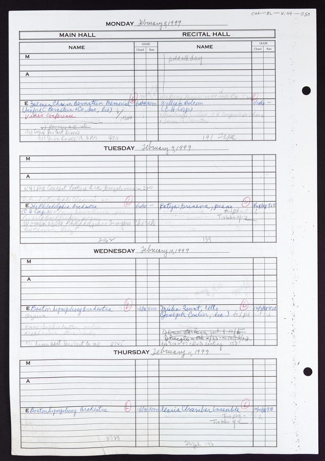 Carnegie Hall Booking Ledger, volume 44, page 50