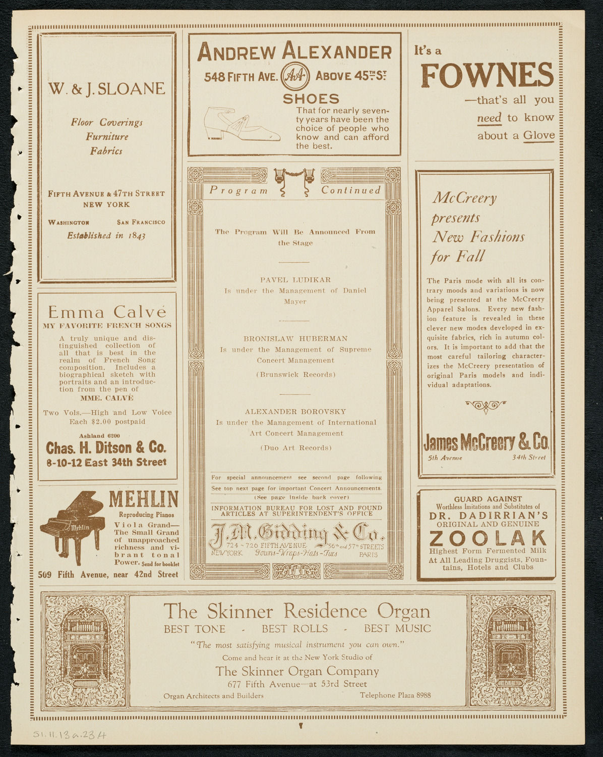 Pavel Ludikar, Bronislaw Huberman, and Alexander Borovsky, November 13, 1923, program page 7