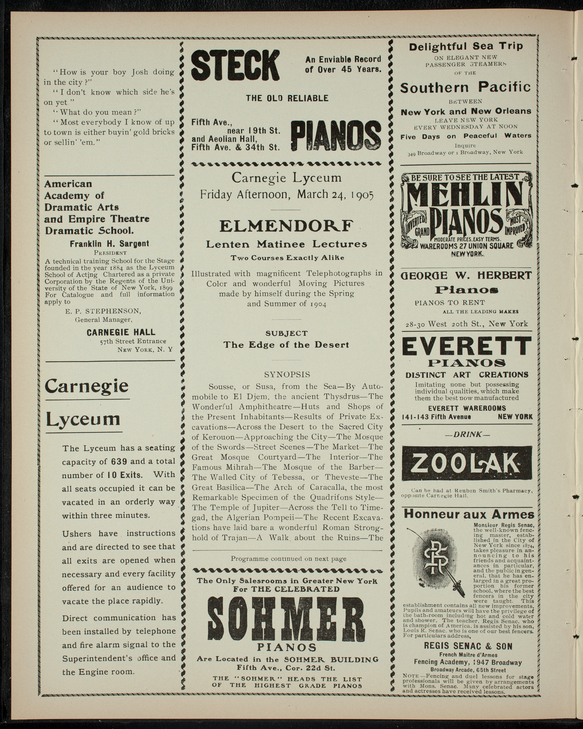 Elmendorf Lecture: The Edge of the Desert, March 24, 1905, program page 2