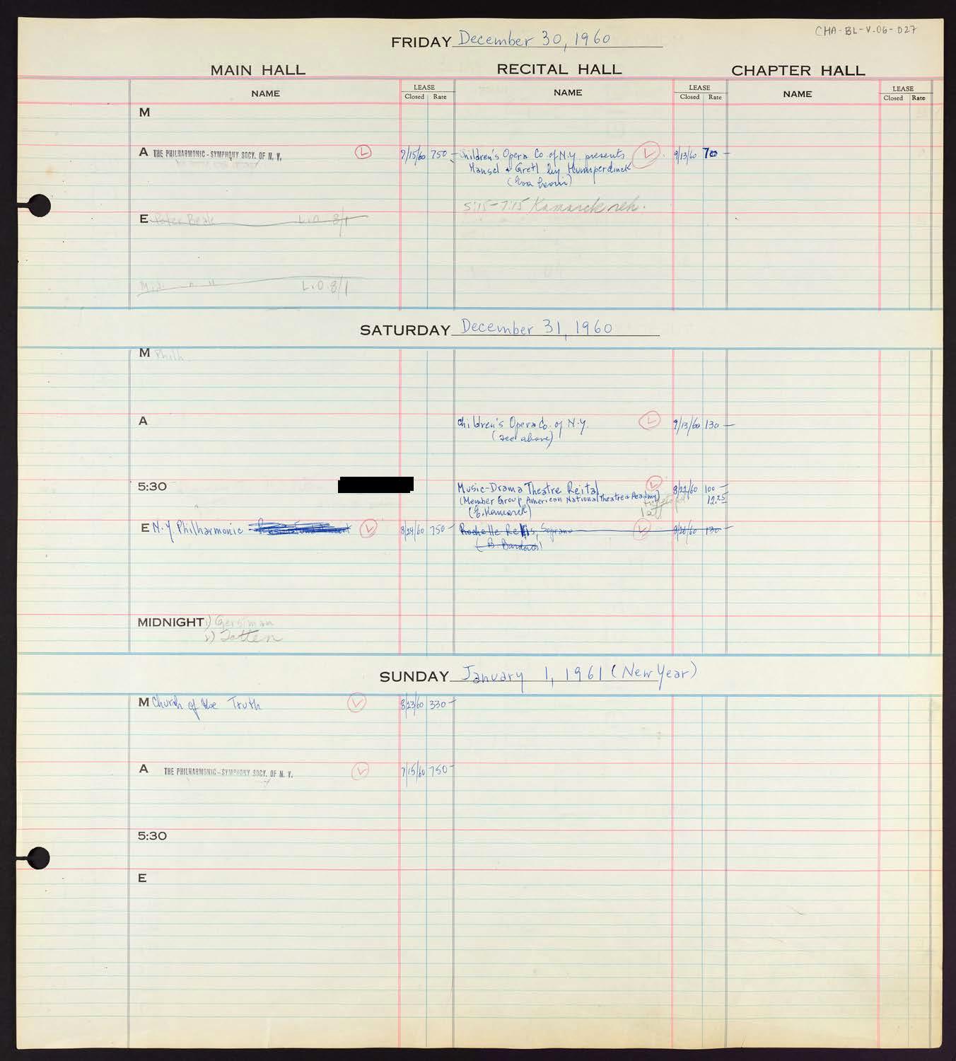 Carnegie Hall Booking Ledger, volume 6, page 27