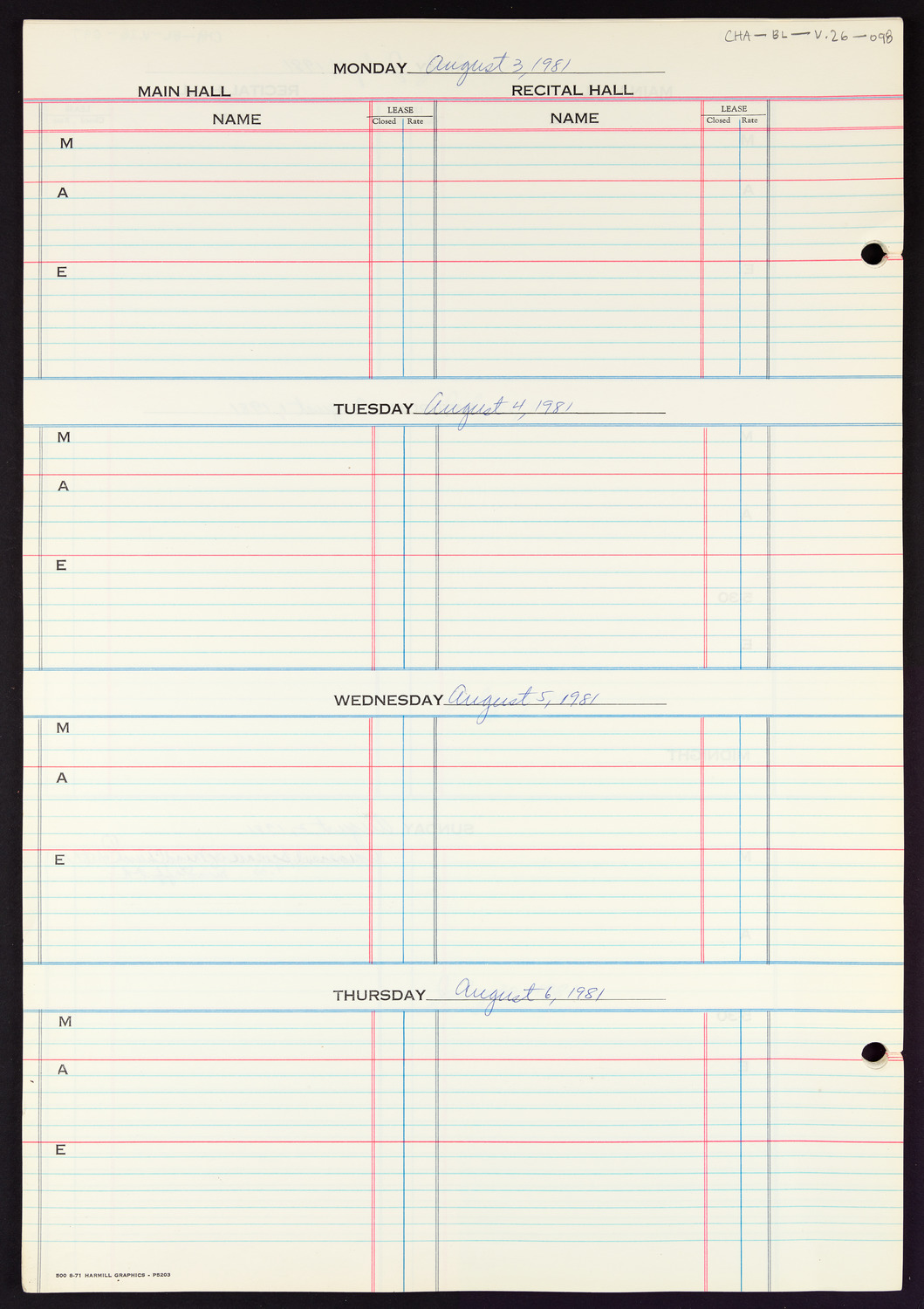 Carnegie Hall Booking Ledger, volume 26, page 98