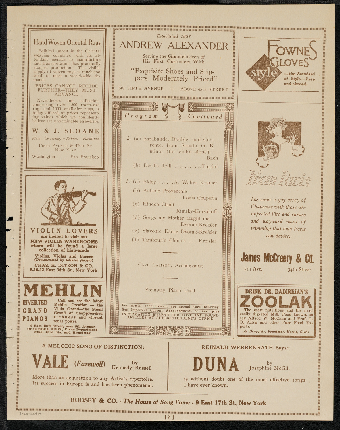 Fritz Kreisler, Violin, March 26, 1921, program page 7